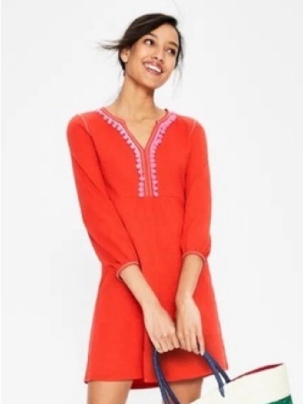 Biden vibrant red and pink embroidered pompom tunic dress 14